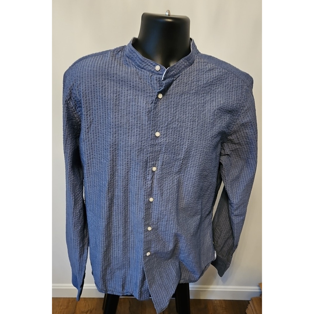 Neros Fumato Positano Mens Blue Classic Button Up Stand Collor Shirt Size XXXL